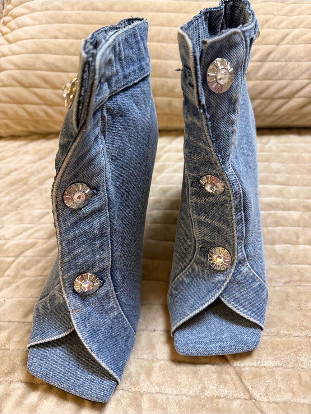 Denim Peep-Toe Heeled Ankle Boots in Blue